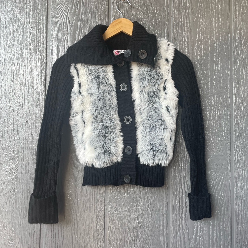 Energie Black Cardigan with White Faux Fur